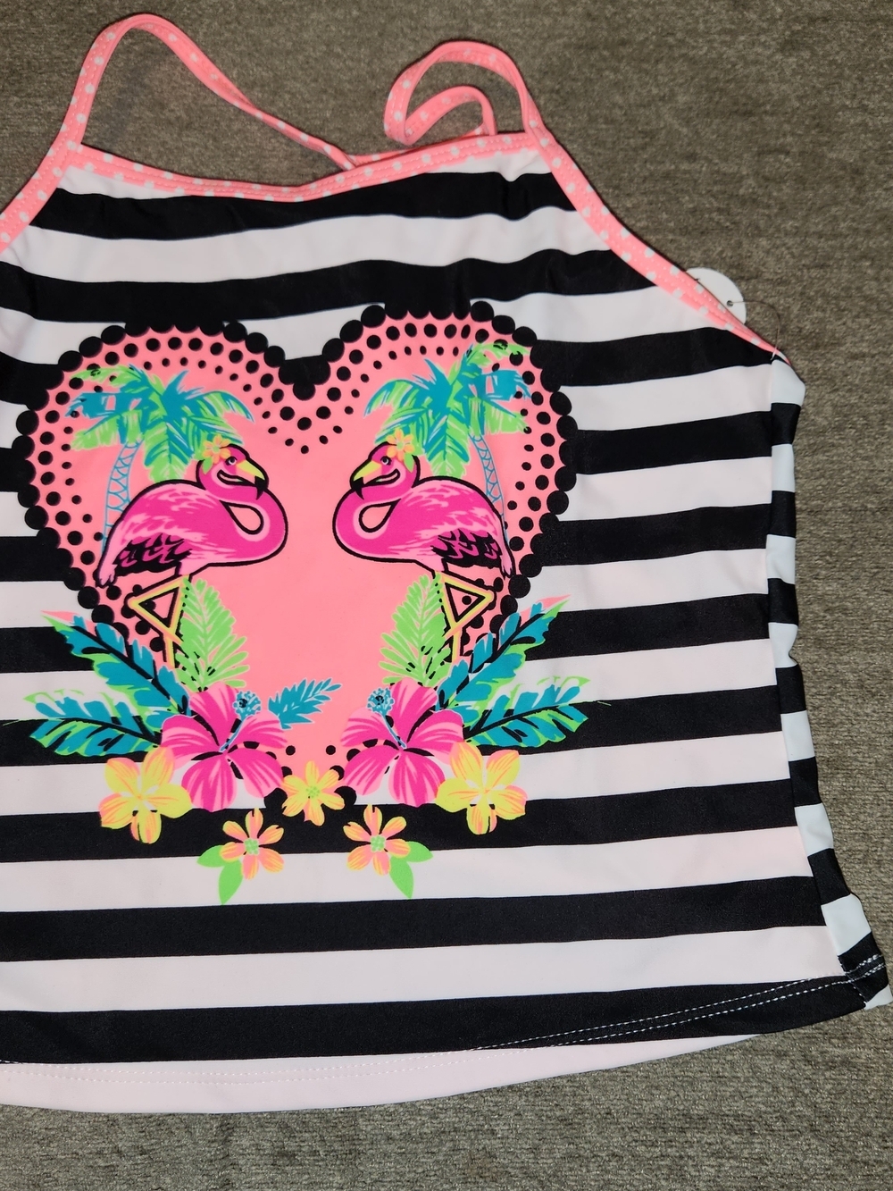 wonder nation Coral and Black Stripe W Flamingos Swim Top